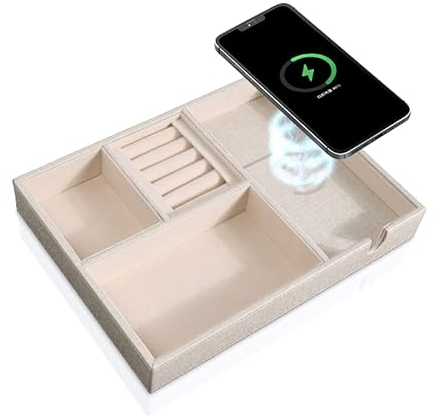 SANZIE Leather Tray with Wireless Charger - Nightstand Organizer for Phone, Wallet, Keys, Sunglasses, Watches, Jewelry, and More (White-Medium)