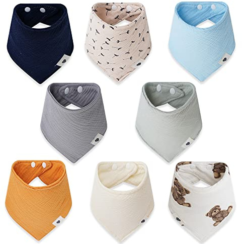 Norinori Baby Muslin Bandana Bibs - 8 Pack, 100% Cotton, Ultra Soft, Super Absorbent, Adjustable, Multifunctional, Unisex, Newborn to 36+ Months