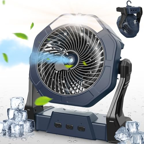 Ausic 2023 aktualisierter tragbarer Schreibtisch-Ventilator, 10000 mAh batteriebetrieben, wiederaufladbarer Ventilator, Nebelventilator mit Licht & Haken & 250 ml Wassertank, Schlafzimmer, Zuhause