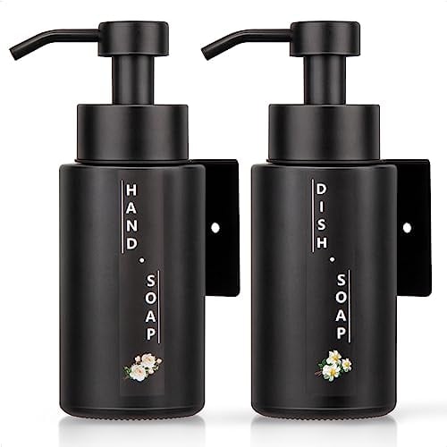 HONZUEN 2er Glas Seifenspender Set 300ml, Spülmittelspender Handseifenspender Wandbefestigung mit Edelstahlpumpe, Pumpspender Pumpflasche Wandmontage Küche für Handseife Spülmittel (Schwarz Matt)