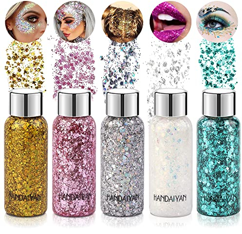 Body Glitter Gel, Vegena 5 Bottle Glitzer Face Chunky Glitter, Schminke Karneval Face Glitters für KosmetikGesicht Haar LippenNägel Festival Party Make Up (Weiß+Silber+Gold+Rosa+Grün)