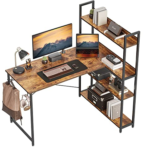 CubiCubi Schreibtisch mit Regal,Eckschreibtisch für Heimbüro,Kleiner L-förmiger Computertisch mit Ablagefächern,Bürotisch mit Bücherregal ,120cm Braun
