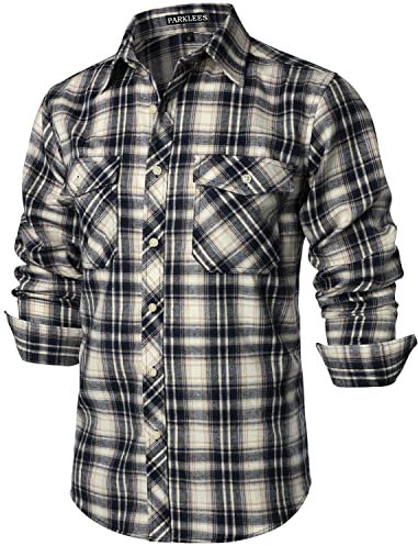 PARKLEES Herren Freizeithemden Regular Fit Button Down Check Kariert Flanellhemden mit Taschen PZLCL41 Khaki XXL
