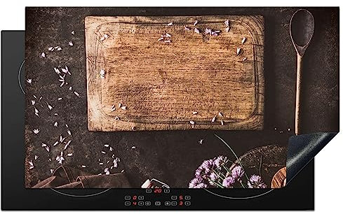 KitchenYeah© Protezione Piano Cottura Tappetino per Induzione 90x52 cm Cucina Proteggi Coprifornello Antiscivolo Tagliere - Erbe - Cucchiaio - Cucina - Rustico - Mortaio - Erba cipollina