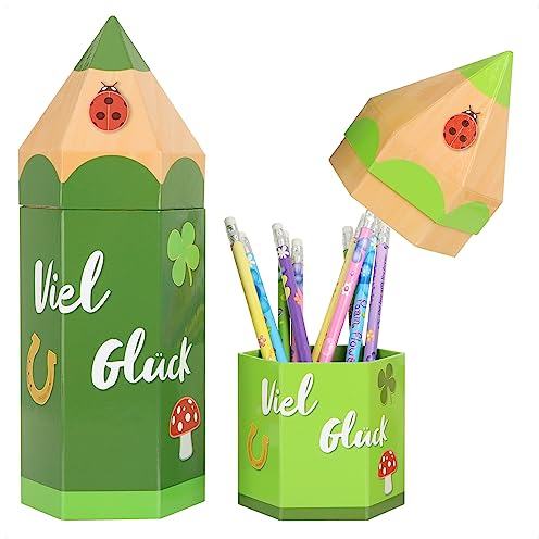 com-four® 2X Geschenktasche, Geschenkverpackung für Schulanfänger, Schultüte in Bleistift-Form, stabile Pappbox für Schulmaterialien zur Einschulung (2 Stück - Glück in grün)