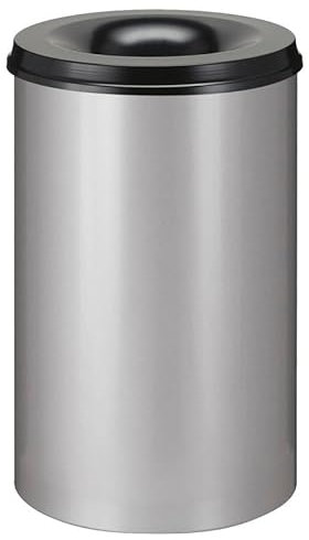 PROREGAL Selbstlöschender Papierkorb & Abfallsammler aus Metall | 15 Liter, HxØ 36x26cm | Matt Edelstahl, Kopfteil Schwarz
