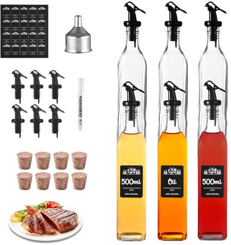 RSWDE Ölflasche,6Pcs Ölspender,500ml Fein Olivenöl Flasche,Essig und Ölflaschen Set,Lebensmittelechtem Bleifreiem Glas mit Trichter Etikette,Korken Öl Ausgießer,für Liköre und Essige