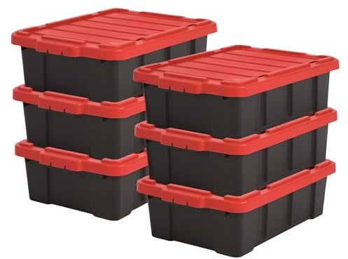 Iris Ohyama, Caisse Rangement avec Couvercle Robuste, 25L, Lot de 6, Rouge, Compact, Durable, Empilable, pour Garage, Etagères, Déménagement, Plastique, Boite a Outils, Bac de Rangement, DDSKT-230