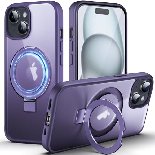 DASFOND Magnetic Designed for iPhone 15 Case [Compatible with Mag-Safe] [Invisible Ring Kickstand] Slim Translucent Matte Shockproof Anti-Fingerprint Cover Case for iPhone 15 6.1, Purple