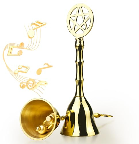 Tirmanaz Brass Small Hand Bell, 4.92 H Pentagram Handbells, Decorative Dinner Altar Bell for Witch Wiccan Inspired Meditation Ritual Pagan, Clear Negative Energies