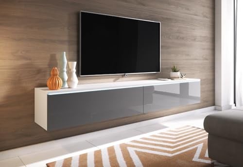TV Schrank Donna, Breite 180 cm, TV Lowboard, Stehend oder Hängend, Fernsehschrank für das Wohnzimmer, Laminierte Spannplatte, Moderner Stil, Weiss Matt / Grau Hochglanz - LED Beleuchtung
