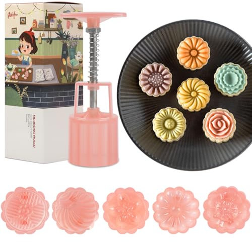 AIKEFOO Cookie press mold Chinese Traditional Mid-Autumn Mooncake Mold Set.5 Pcs Mode Pattern for 1 Sets 50g Different Round Flower Patterns Are Used For Homemade Biscuit Stamping Machine Cake Cutter.