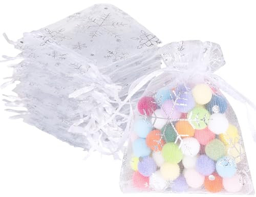 Carehabi Pochon Organza Cadeau Noël Lot de 100 sachets en organza Blanc 7 x 9 cm pochette cadeau en organza, pochette à bijoux, sachets de mariage, sachets de lavande, faveur de mariage