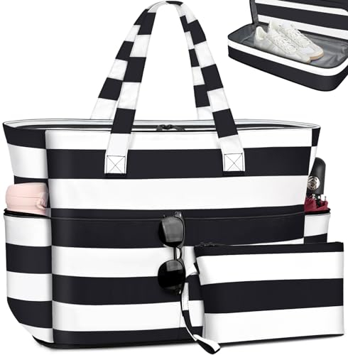 ENONEO Große Strandtasche mit Reißverschluss XXL Familie Strandtasche Damen Groß Shopper Tasche Beach Tote Bag Reisetasche Wasserdicht Saunatasche mit Nassfach & Schuhfach,55L (Schwarz)