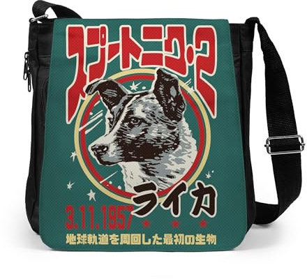 Strand Clothing Laika The Space Dog Art Crossbody Printed Shoulder Reporter Bag - Japanese Sowjet UdSSR Retro, Schwarz