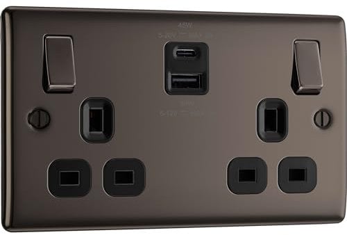 BG Electrical Double Switched Power Wall Plug Socket with Super Fast Charge USB A & USB C Charging Ports, Nexus Metal, Black Nickel, 13A, 45W, NBN22UAC45B