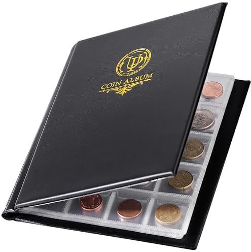 Münzalbum mit 200 Fächern – Münzsammelbuch mit 10 Seiten, 33 x 33 mm Gitterhalter für Pfund, Pence, Cent, Dollar, Nickel (schwarz) CS48200BK