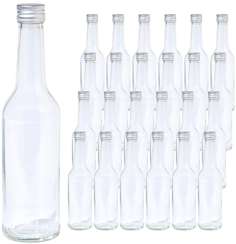 Vitrea 24 leere Glasflaschen 350ml Schraubverschluss Silber - Flaschen zum Befüllen mit Deckel - für Saft, Getränke, Likör, Öl, Saucen - 24 Stück, PP28, Geradhals