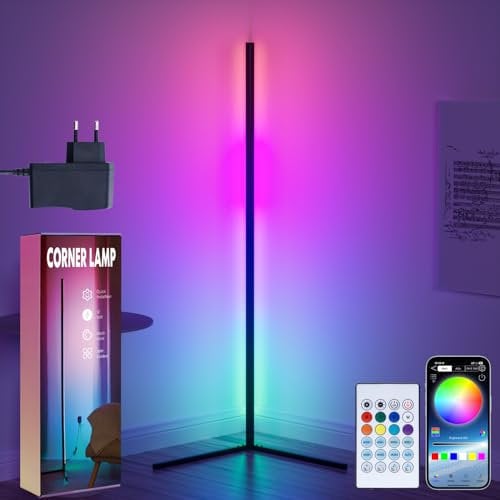 GIACOMO LED Stehlampe Wohnzimmer Mit 12V Adapter, RGB Ecklampe Dimmbar mit Fernbedienung und APP, 16 Millionen Farben, Musikmodi, DIY-Modus & Timing -Funktion für Schlafzimmer, büro, Spielzimmer