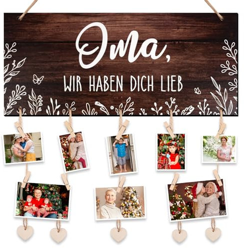 GEBETTER Oma Geschenk Fotowand Oma wir haben Dich lieb Fotorahmen Geburtstagsgeschenk Holzschild Holz Bilderrahmen Collage Hängende Bilderwand für Geburtstag Muttertag Weihnachten