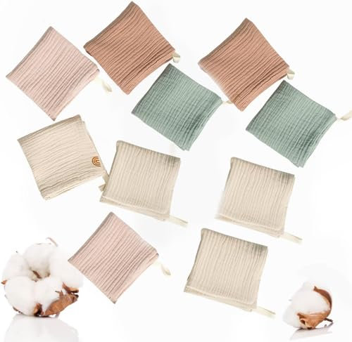 10 Stück Musselin Waschlappen, 100% Baumwolle Kinderservietten Handtücher Set für Neugeborene, Mehrweg Baby Waschlappen, Weiche Neugeborene Baby Gesichtstücher (23x23cm)