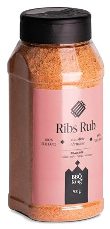 BBQ KING - Ribs Rub Confezione da 500 Gr, Dry Rub Bbq per Costine di Maiale Ideale per Barbecue e Grill, Set Spezie Cucina 100% Made in Italy, Miscela di Spezie per Costine (Saint Louis o Baby Back)