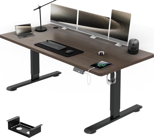 Airfish Höhenverstellbarer Schreibtisch mit USB-Buchse, Elektrisch Schreibtisch mit Kabelwanne, Computertisch, Bürotisch, Stehpult mit Erinnerung an sitzende Tätigkeiten, 160 x 80 cm, Nussbaum