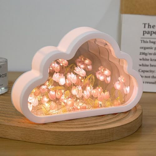 GUSHE Forever Infinite Cloud Mirror Tulips, Tulpen Lampe Mit Spiegel, Wolke Tulpenlampe, Wolken-Tulpen-Spiegel-Nachtlicht, DIY Tulpe Nachtlicht, LED Tulpen Licht für Wohnzimmer, Schlafzimmer (Pink)