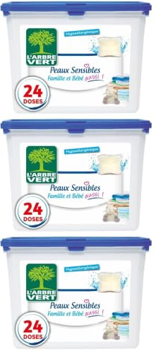 L'Arbre Vert Doses Lessive Liquide Peaux Sensibles Famille et Bébé aussi! - Hypoallergénique - 24 Doses (Lot de 3)