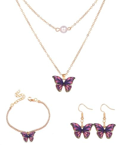 FDEETY 4 Stück Schmetterling Schmuckset Damen Halskette Ohrringe Armband Perle Anhänger Mehrschichtige Kette Schmetterlingsmuster Juwelenkollektion Damenschmuck