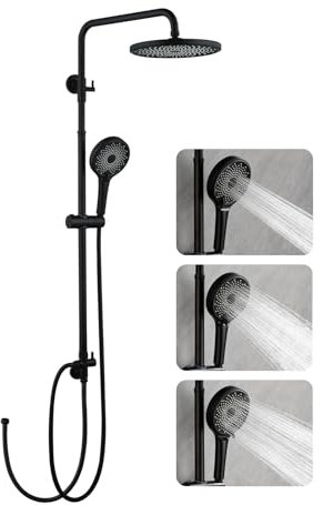 Duschsystem Regendusche ohne Armatur, Schwarz Duschset inkl. Rund ABS Kopfbrause D25cm, Handbrause 3 Strahlarten, Duschstange Höhenverstellbar, Duschschlauch 1,5m