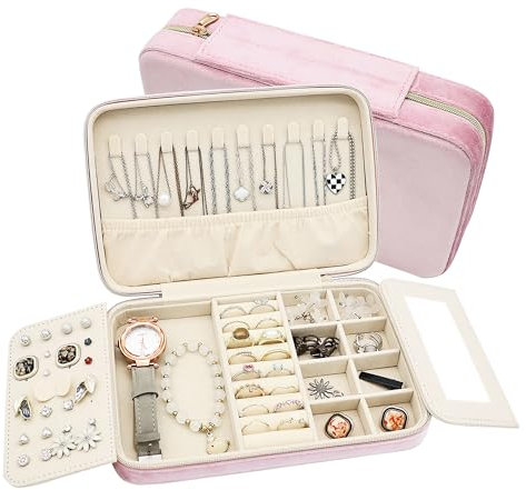 Boxudeli Reise-Schmuckkästchen, großes Schmucketui aus Samt, tragbarer kleiner Schmuck-Organizer für Ohrringe, Ringe, Halsketten, Armbänder, Reise-Schmuckaufbewahrungsbox für Frauen (Rosa)