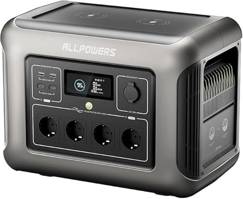 ALLPOWERS R1500 Estación de energía portátil 1152 Wh LiFePO4 batería 1800 W (pico 3000 W) generador solar CA salida Emergencia móvil para jardín, fiesta, viajes, camping, autocaravana