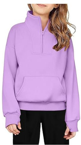 Felpa per bambini e bambine, a tinta unita, con mezza zip, con foro per il pollice, colletto alla coreana, foderata in pile, per bambini, per attività all'aperto, allenamento, atletica (viola, 9-10