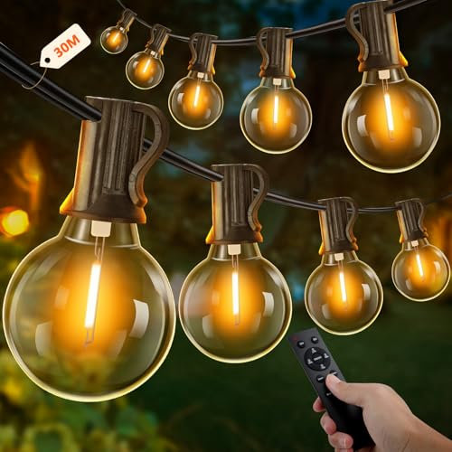UooEA Guirnalda Luces Exterior 30M, Cadena Luminosa con 50+3 G40 LED Bombillas, Guirnaldas Luminosas Exterior Impermeable Para Jardín, Café, Cobertizos, Bodas, Pérgolas, Patio, Fiesta (Blanco Calido)