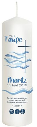 Liamoria® Taufkerze Fische in Blau mit Name und Datum inkl. Taufspruch 25 cm - Modell Moritz - Hochwertige Kerze mit langer Brenndauer