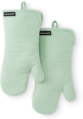 KITCHENAID Gourmet Series Gridlines Oven Mitts 2-Pack Set, Heat Resistant up to 600°F, Soft Silicone Grip, Magnetic Cuff, Pistachio Green, 7x14