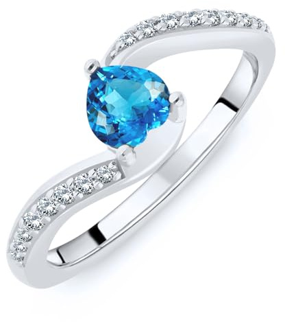 Planetys - Ring aus Sterling-Silber 925/1000, rhodiniert, für Damen, besetzt mit Schweizer blauem Topas, Herzgröße