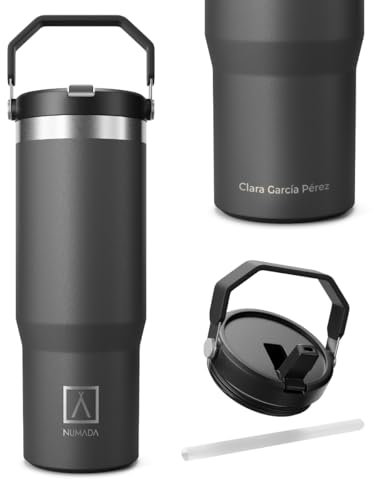 NUMADA- Botella Agua 304 Acero Inoxidable 1000ML + Nombre, Botella Térmica Cerámica Reutilizable. Cantimplora o Botella Gimnasio Antigoteo con Aislamiento 6 Capas, Mantiene Frío 24h y Calor 8h, Negro