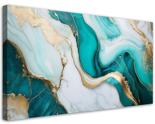 Feeby Bilder - Foto Geschenk - Türkis Stein Marmor mit Gold - 120x60 1tlg - Leinwandbilder Wohnzimmer - Wandbild über dem Bett - Bild Schlafzimmer - Aesthetic Zimmer Deko - Modern Pictures