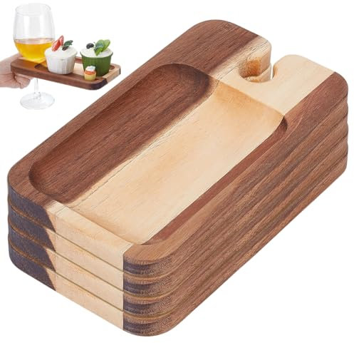UNICRAFTALE 4Pcs Wine Appetizer Plates Natural Woods Cocktail Plate with Glass Holder Camel Cheese Board with Wines Holders 21x12x1.5cm for Family Gatherings Picnic Parties