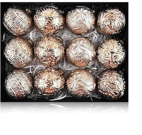 Snowchecking Weihnachtskugeln-Set, 8 cm, Vintage-Stil, hängende Dekorationen für Baum, Urlaub, Party, Heimdekoration, Festival, Gold, Weiß, Braun, 12 Stück