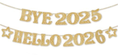 Happy New Year Girlande Silvester,Gold Happy New Year 2026 Banner Party Deko Frohes Neues Jahr Girlande Bye 2025 Hello 2026 Goldene Neujahr Eve Dekoration für Silvester Party Indoor Foto Requisiten