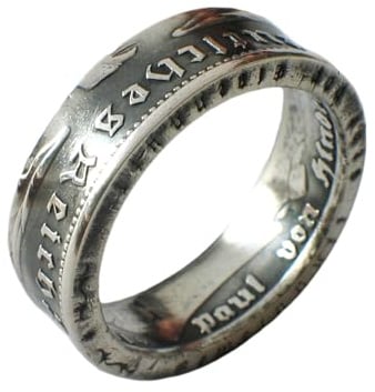 Generisch Münzring 5 Reichsmark 1935-1936 Hindenburg, original Münze Silber 900 im Vintage Finish + Schmuckbeutel - Silberring Handgefertigt in Deutschland, Herren Ring Damen