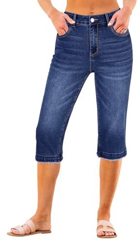 luvamia Stretch Denim Capris for Women Womens Capri Jeans Straight Leg | Womens Capri Pants Midrise, Womens Cropped Jeans Straight Leg, Stretch Jeans for Women, Darkness Blue, Size X-Large Us16 Us18
