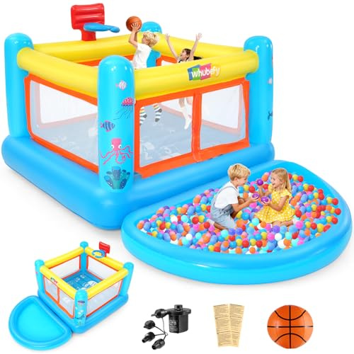 AKEYDIY Hüpfburg mit Bällebad,270x172x128cm，Aufblasbare PVC Hüpfburg für Kinder von 3-6 Jahren, für drinnen und draußen, inklusive Basketballkorb, Spielplan, Gebläse und Basketball