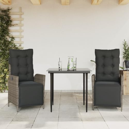 Tonture 3-TLG. Garten-Essgruppe mit Kissen, Grau Poly Rattan, verstellbare Relaxsessel, Glastisch 80x80cm, UV-beständig, für Balkon, Terrasse