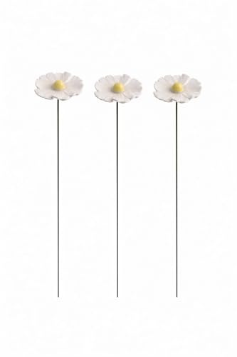 finehomegarden 3X Blüte Margerite Keramik weiß Gartenstecker Ø7,5cm + Stab ca. 48cm Stecker Blütenstecker Garten
