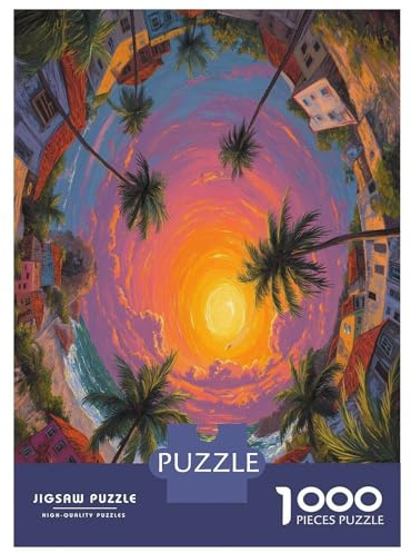 Sunset Palm Grove Jigsaws Puzzles for Adults Kids Family 1000 Pieces Psychedelic Coast Puzzles Home Decoration Educational Games Great Gift 70x50cm/1000pcs