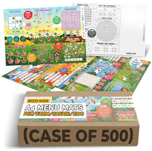 BIZZI Menu Mat - A4 Kids Activity Packs of 500 - Includes Learning Games Like Crosswords, Mazes, Colouring & More - Double-Sided, Printer Friendly Sheets - with 4 Fun Designs: Pet, Farm, Safari, Zoo